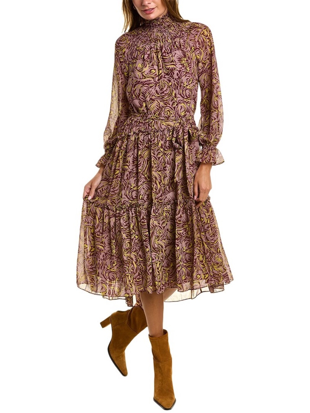 CINQ A SEPT Amari Rose Print Long Sleeve Chiffon Midi Dress NWOT